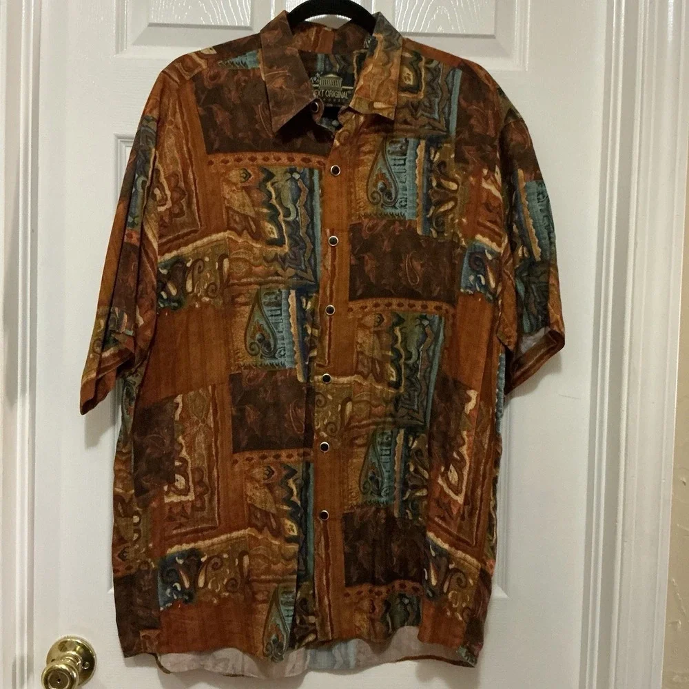 Next Original Classic Button Down Shirt Short Sleeve L Browns Abstract Print Men